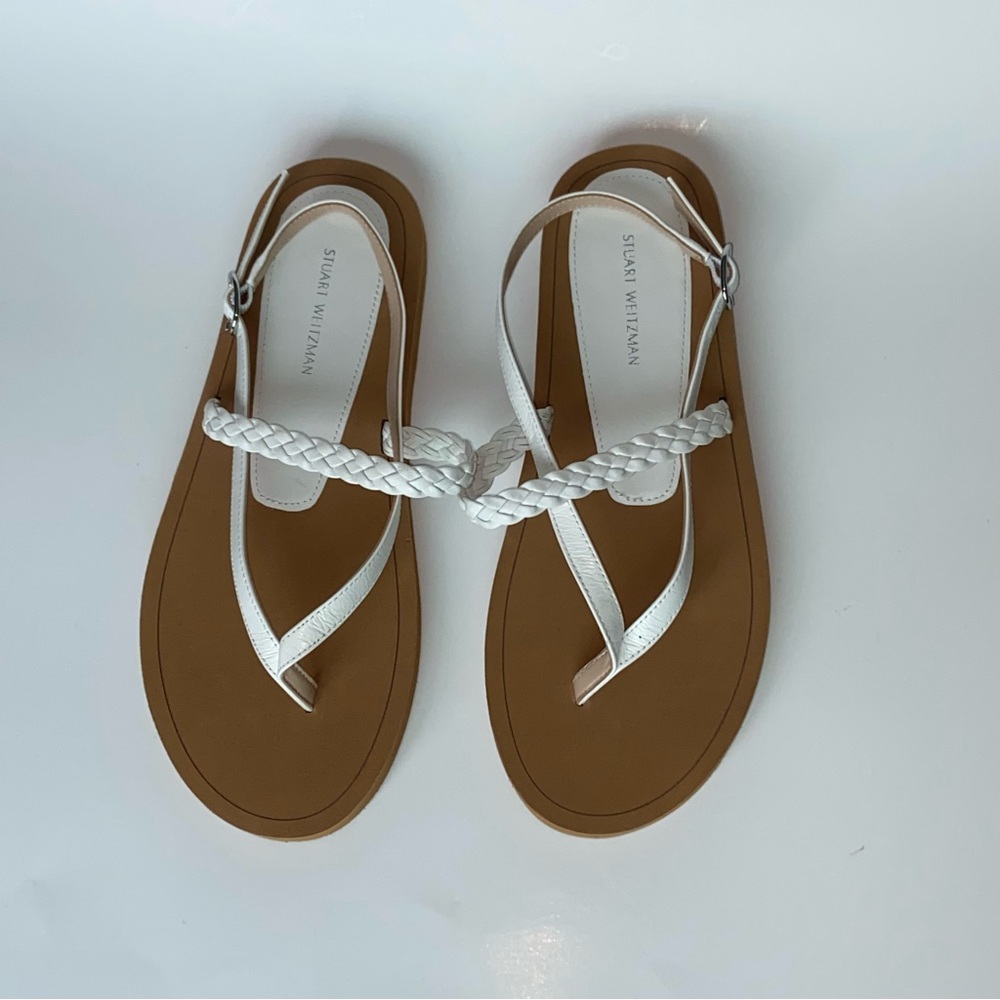 Stuart Weitzman Sandals Braided Strap Buckle Flat White Brown Women’s 6.5 $250